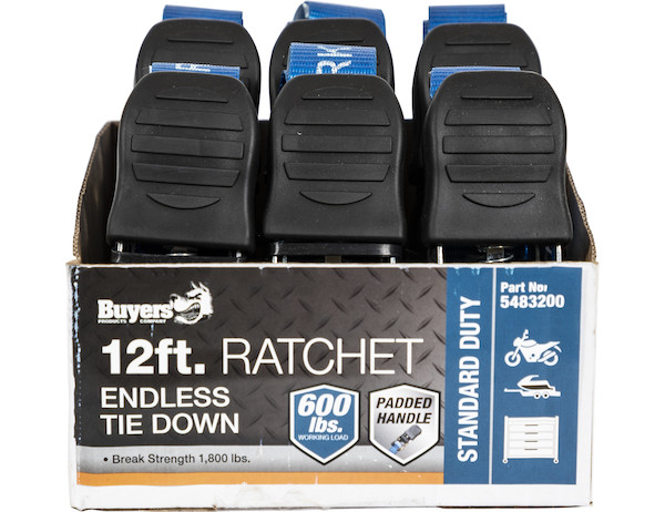 12 Foot Standard Duty Endless Ratchet Tie Down - 600 Pound Capacity, Full Cut Case (6 Pieces per Case)